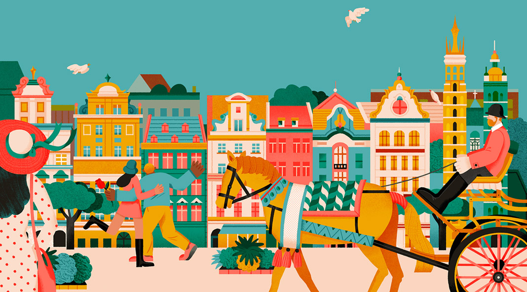 A vibrant Airbnb illustration of a European city.