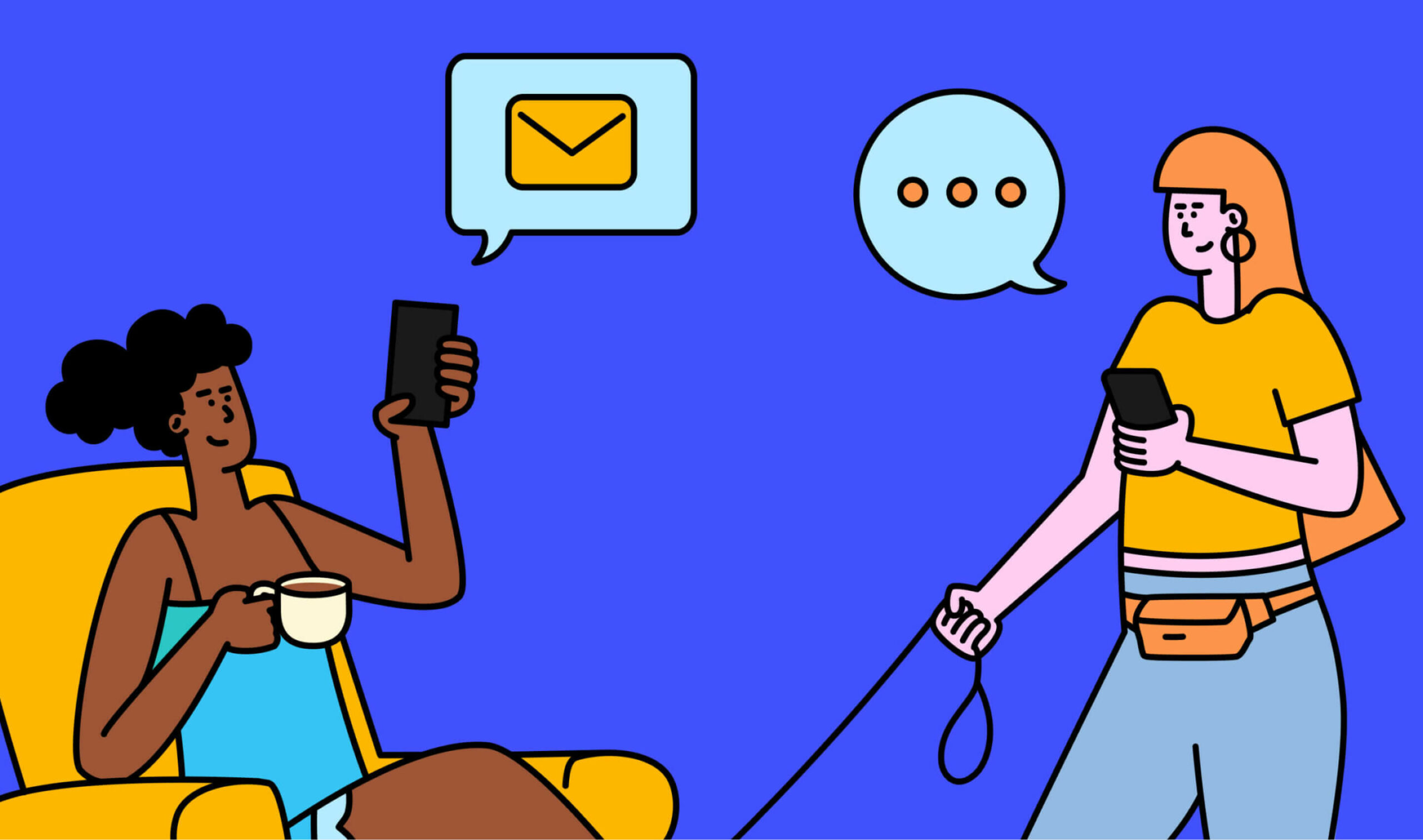 Mobile-first: Illustration of two characters, both on their phones messaging