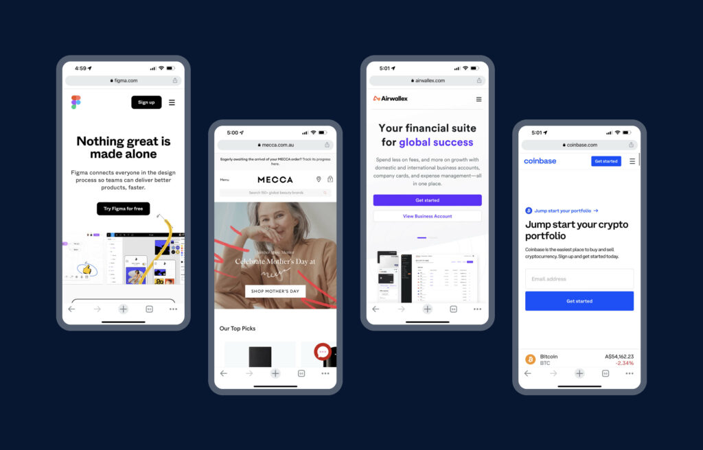 Four images of different mobile home pages - for Figma, Mecca, Airwallex and Coinbase - all very simple in nature.
