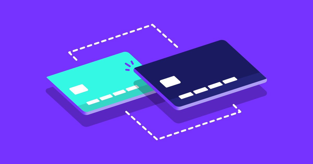 An illustration of two credit cards overlapping each other on a bright purple background