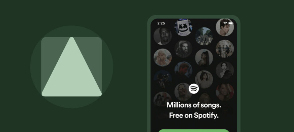 A visual illustration of the aesthetic usability affect law with a screenshot of Spotify's user interface on the right hand side