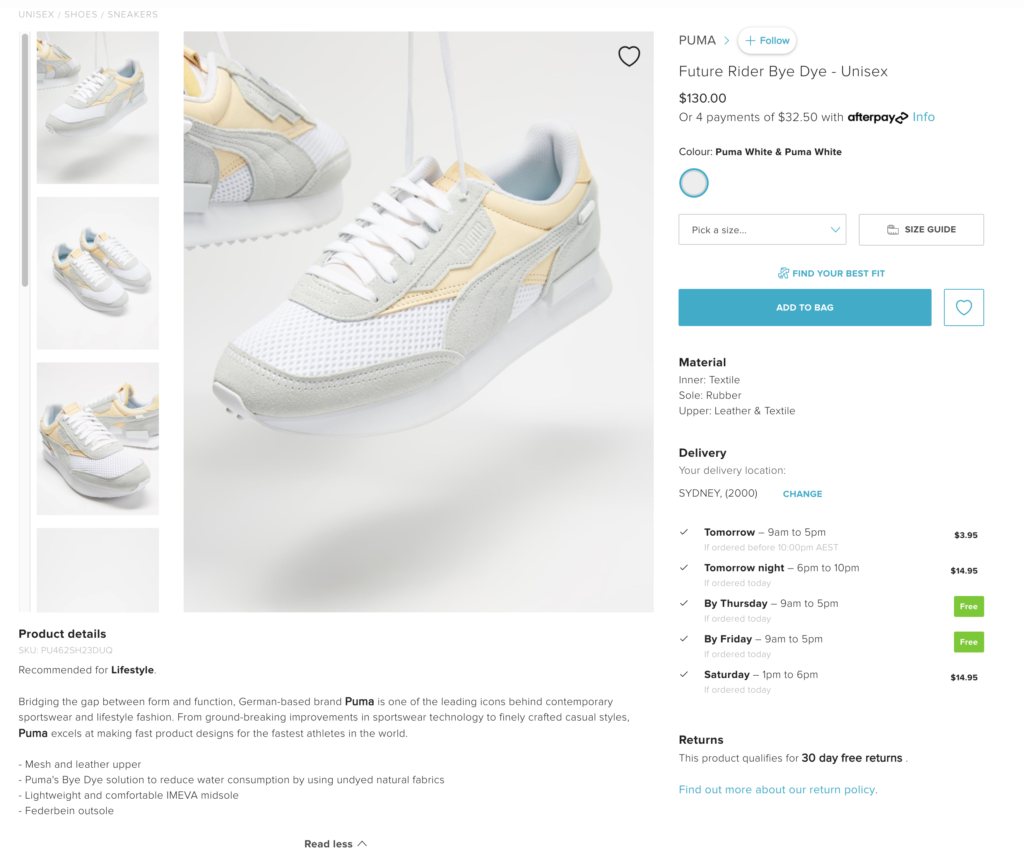 Showing The Iconic's Product page, with large images of PUMA Sneakers - which are white with pastel yellow and grey details and product description