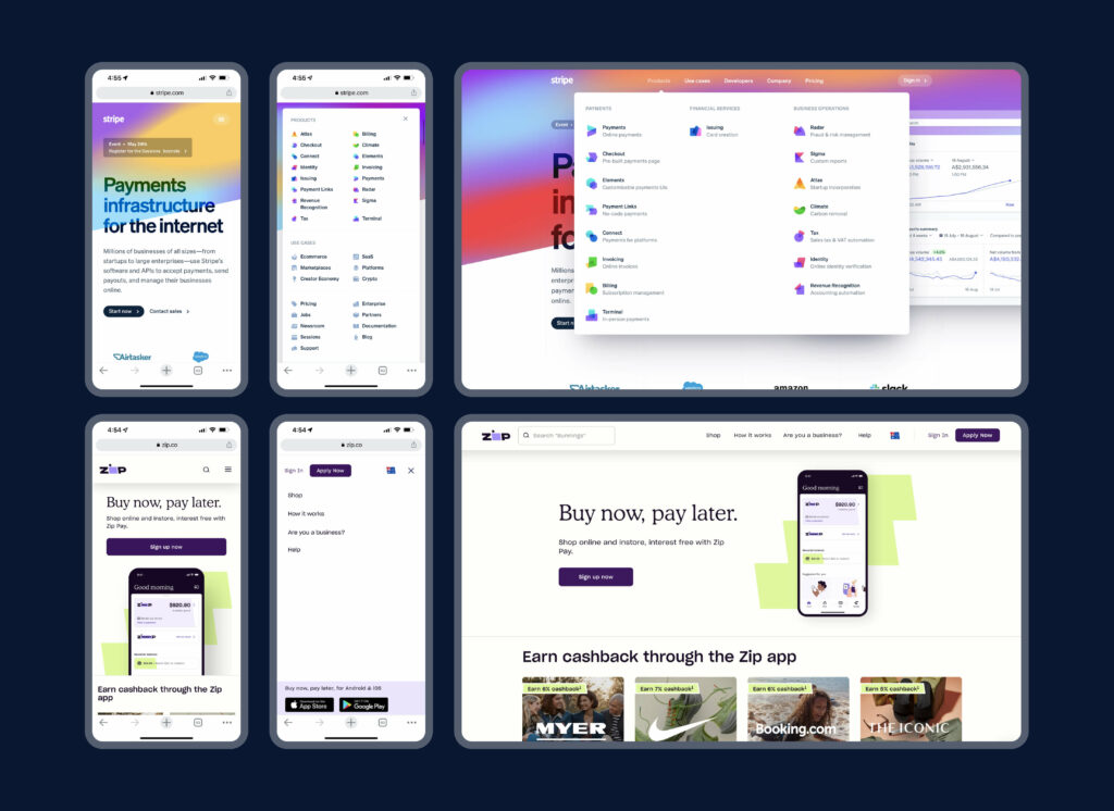 Mobile and desktop displays of Stripe and Zip's home pages.
